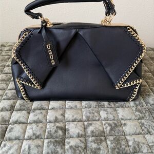 Bebe Navy Shoulder Bag with Gold Chain Accents